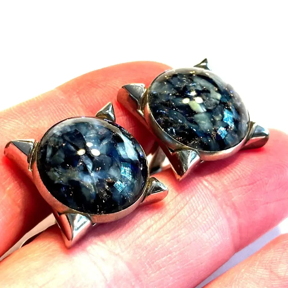 Vintage Mid Century 60's Hickok Cufflinks silver & blue polished marble rounds